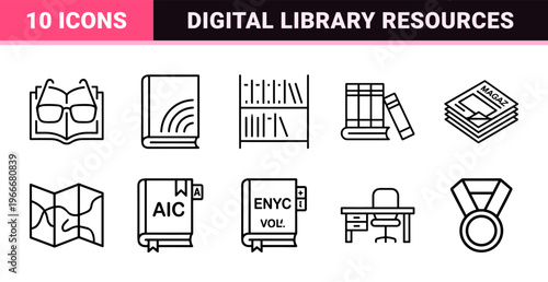 Academic Literacy and Library Management Minimalist Monoline Icon Set featuring Geometric Outline Symbols for Education and Research.