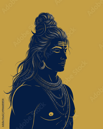 Serene side profile illustration of Lord Shiva meditating with closed eyes, featuring sacred symbols like the crescent moon and tripundra on a golden yellow background.