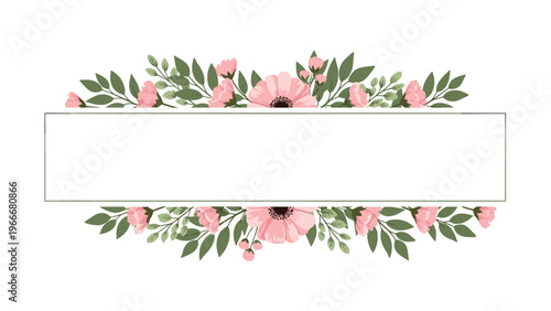 Elegant rectangular frame decorated with pink flowers and green leaves on top and bottom borders.