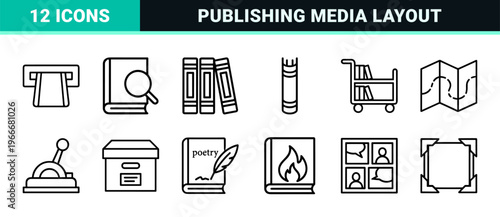 Literature and Publishing Monoline Outline Symbols Featuring Books Magazines Notebooks and Library Elements in Technical Geometric Line Art