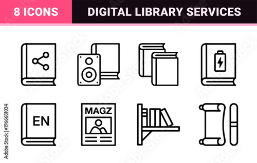 Minimalist Monoline Education and Digital Reading Icons featuring Geometric Line Art Symbols for Libraries, Publishing, and Online Learning.