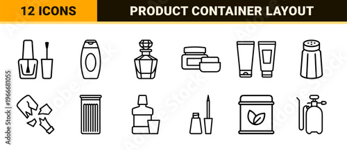 Liquid Packaging and Glassware Container Outline Icon Set Featuring Minimalist Monoline Geometric Line Art for Commercial Product Design