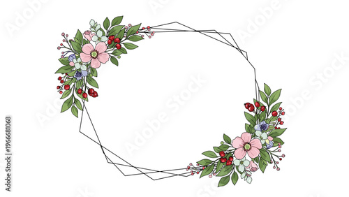 Modern geometric frame with delicate pink and blue flowers and green leaves in opposite corners.