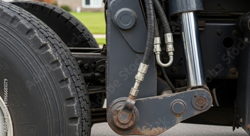 Hydraulic system on truck with hoses and mounting bracket visible, showcasing parts associated with vehicle maintenance and functionality.