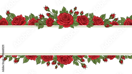 Elegant horizontal borders of red roses and green leaves on top and bottom of a blank white layout.