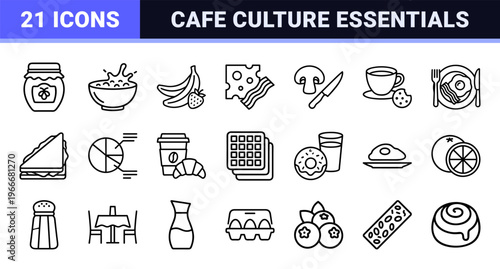 Minimalist Monoline Breakfast and Cafe Icons Featuring Geometric Line Art for Modern Restaurant Menu Design and Food Apps.