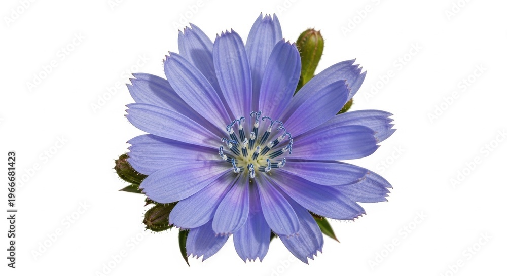 Fototapeta premium Chicory flower isolated on white background. Macro shot of blue wildflower head with petals. Botanical study of summer plant, herbal medicine and nature concept for floral design element.