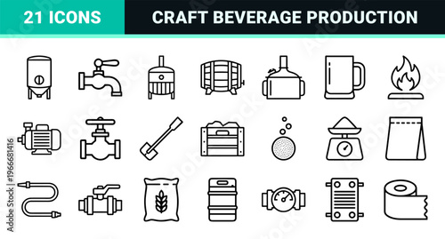 Craft Beverage Production and Industrial Brewing Equipment Icon Set, Minimalist Monoline Technical Outlines for Commercial Microbrewery Use.