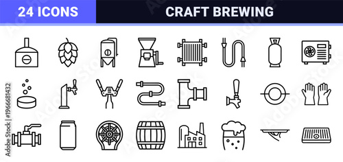 Craft Beer Brewing and Distillery Equipment Minimalist Monoline Geometric Line Art Symbols for Industrial Beverage Production and Service