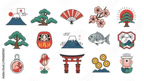 Collection of traditional Japanese culture icons including mount fuji, torii gate, bonsai trees, and cherry blossoms.