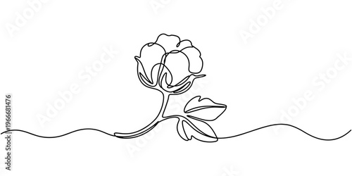 flower cotton, One continuous line drawing of whole soft and fluffy cotton flower for farming logo identity. Staple fiber flower concept for garden icon. Modern single line draw graphic design vector.