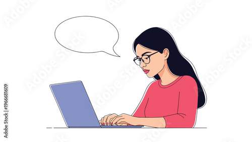 Young woman with glasses and pink shirt typing on laptop computer with empty speech bubble for custom text.