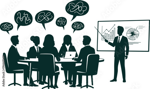 Business team in meeting with graphs on screen and confused thoughts