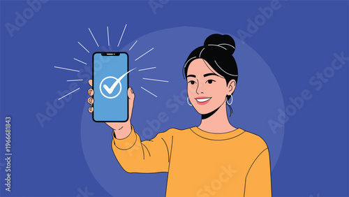 Young woman with high bun smiling while holding up smartphone with white checkmark on blue screen for success.