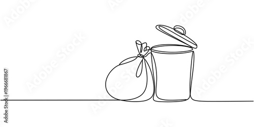 Set of trash one line continuous drawing. Rubbish, garbage, trash can, garbage bag, recycle bin continuous one line set illustration.