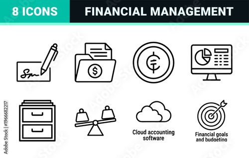 Minimalist Accounting and Financial Audit Line Art Icons for Professional Tax Preparation and Corporate Banking Bookkeeping Services