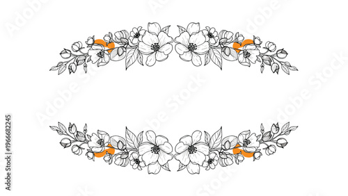 Symmetrical horizontal borders with hand drawn black and white flowers and small orange decorative accents.