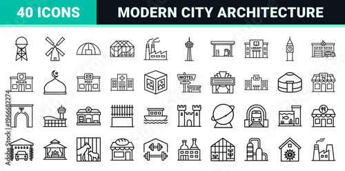 Architecture and Urban Infrastructure Minimalist Monoline Line Art Featuring Residential Commercial and Public Building Outline Symbols