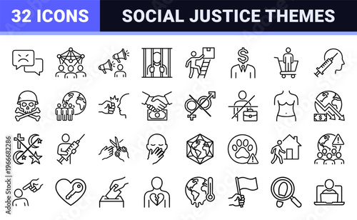 Social Issues and Global Crisis Minimalist Monoline Icons featuring Human Rights, Addiction, Environment, and Justice Symbols