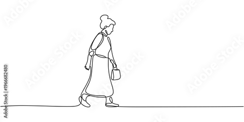 One continuous single drawing line art flat doodle grandmother walking, elderly, pensioner, old, woman. Isolated image hand draw contour on a white background, hand drawn