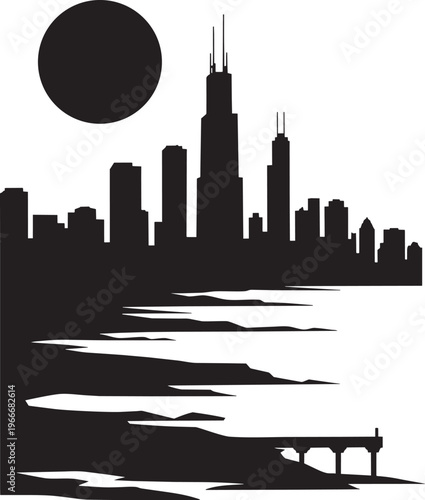 Dark Cityscape Skyline Silhouette With Moon And Water Reflection