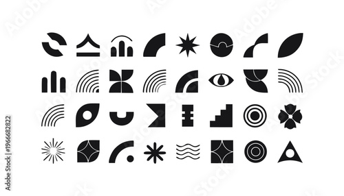 Abstract black shapes and forms arranged in a geometric composition