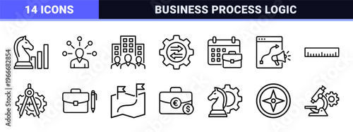 Business Architecture and Enterprise Strategy Workflow Line Art: Minimalist monoline geometric symbols for professional corporate planning.