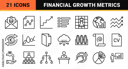 Minimalist Monoline Business Analytics and Financial Reporting Outline Symbols Featuring Geometric Data Charts and Corporate Strategy Metaphors.