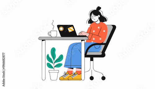 Woman working remotely on a laptop with coffee and a plant