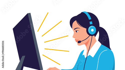 Female customer service representative with a headset working at a computer screen against a clean white background.