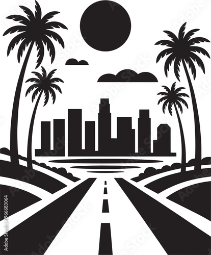 Palm Trees And City Skyline Silhouette At Night With Full Moon And Road