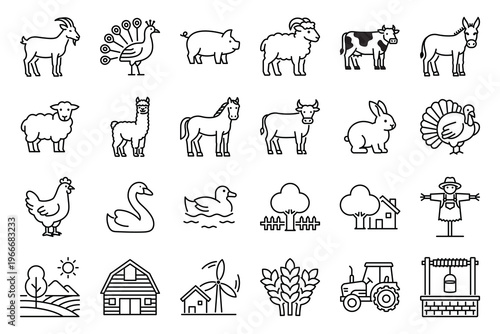 Farm and agriculture icon set featuring livestock animals, rural landscape, farming equipment, and countryside elements. Minimalist line vector icons for agriculture, farming, and rural lifestyle.