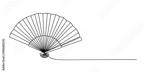 A black and white line drawing of an open traditional folding hand fan on a white background.