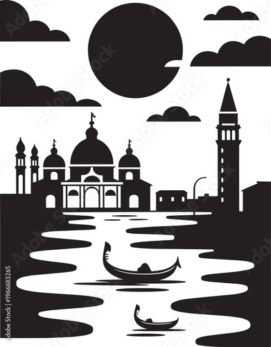 Venetian Canals With Gondolas And Historic Architecture Under A Full Moon At Night