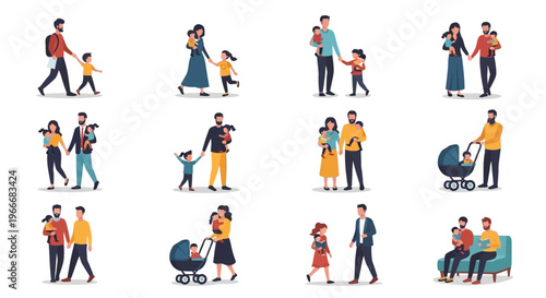 A collection of flat vector illustrations showing parents and children in various daily activities.
