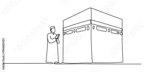Continuous line drawing of a muslim man praying in front of the holy kaaba in mecca saudi arabia.
