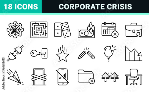 Economic Recession and Business Failure Minimalist Monoline Icons. Geometric Line Art for Financial Crisis and Corporate Insolvency.