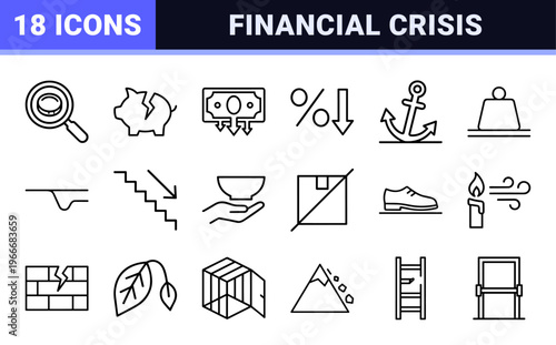 Economic Recession and Business Failure Monoline Icon Set featuring Minimalist Geometric Line Art for Financial Crisis and Insolvency.