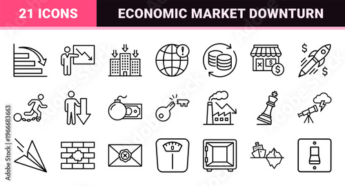 Economic Crisis and Business Failure Minimalist Monoline Icon Set Featuring Bankruptcy, Market Crash, and Financial Loss Line Art