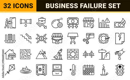 Minimalist monoline business failure and financial crisis icon set featuring geometric line art for bankruptcy, recession, and debt.