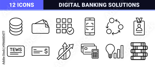 Professional Business and Finance Monoline Icon Set featuring Minimalist Geometric Line Art for Corporate Banking and Fintech Platforms