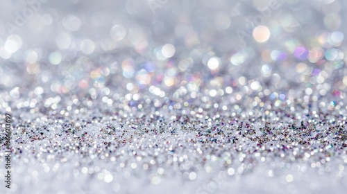 Close-up texture of a white surface dusted with shimmering holographic glitter and metallic sequins
