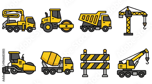 Heavy Construction Vehicles and Equipment Icons Set for Building Industry Design