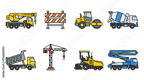 Building Construction Equipment Icons Set Heavy Machinery Engineering Vehicles