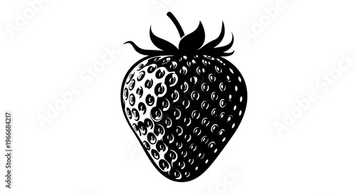 Stylized black and white silhouette of a single ripe strawberry with detailed seeds and green leaves isolated on a clean white background representing healthy food and natural