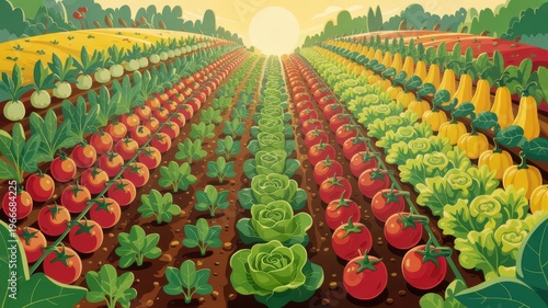 Vast agricultural field with rows of fresh vegetables under a bright rising sun at dawn.