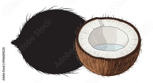 Whole and halved ripe coconut with fibrous brown husk showcasing white flesh and clear water inside isolated on a clean white background representing tropical healthy food