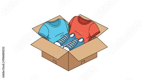 Cardboard box filled with folded clothes including t-shirts and a pair of blue sneakers for delivery or donation.