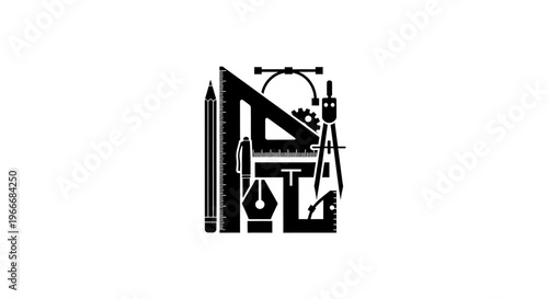 Precision drafting tools and instruments including a pencil ruler protractor compass and fountain pen arranged in a stylized composition symbolizing design engineering