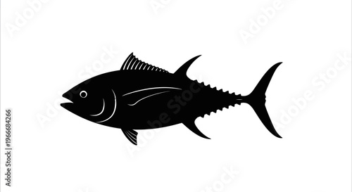 Silhouette of a powerful tuna fish swimming dynamically with sharp fins and a forked tail isolated on a clean white background representing oceanic life and healthy seafood